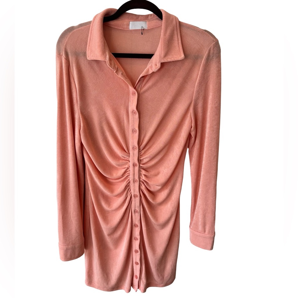 isalis Ruched Bodice Collared Long Sleeve Dress in Peach Sz L NWOT